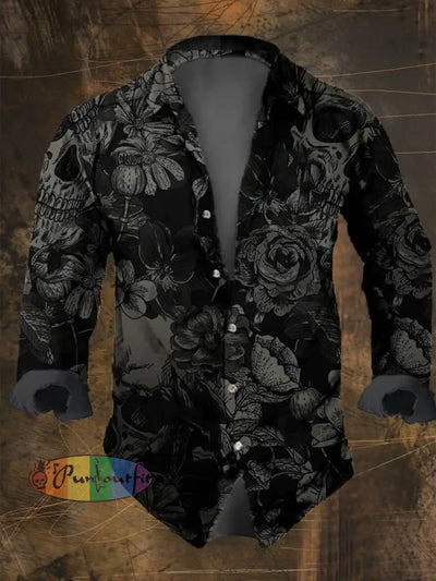 Dark Retro Skull Print Long Sleeve Shirt Multicolor / S