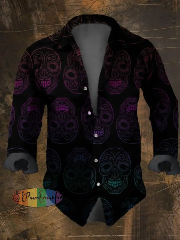 Dark Retro Skull Print Long Sleeve Shirt Multicolor / S