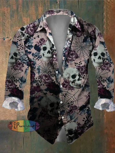 Dark Retro Skull Print Long Sleeve Shirt Multicolor / S