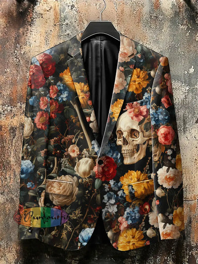 Dark Style 3D Flowers And Skull Print Gothic Jacket Black / S