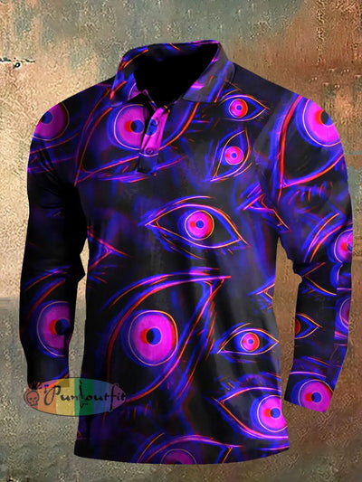 Dark Style 3D Magic Eyes Print Halloween Long Sleeve Polo Shirt Purple / S