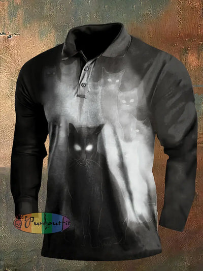 Dark Style Cat And Ghost Print Long Sleeve Polo Shirt Black / S