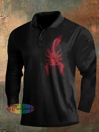 Dark Style Scorpion Print Halloween Long Sleeve Polo Shirt Black / S