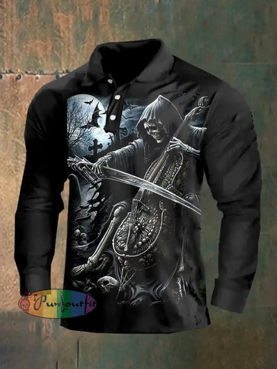 Dark Style Skull Long Sleeve Polo Shirt As Shown / M Polo