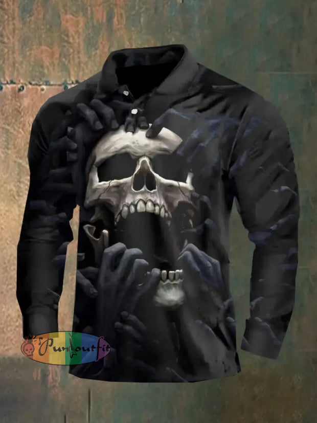 Dark Style Skull Long Sleeve Polo Shirt As Shown / M Polo