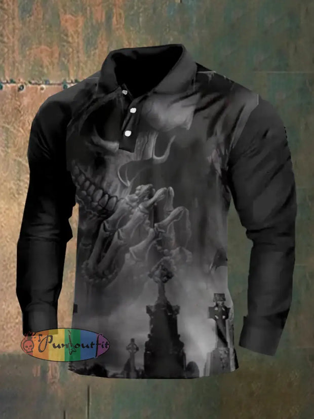 Dark Style Skull Long Sleeve Polo Shirt As Shown / M Polo