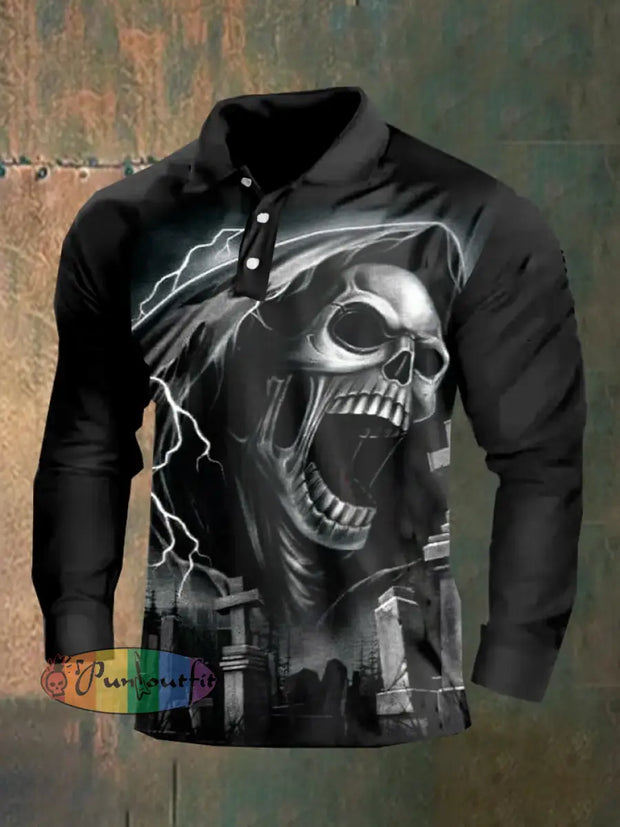 Dark Style Skull Long Sleeve Polo Shirt As Shown / M Polo