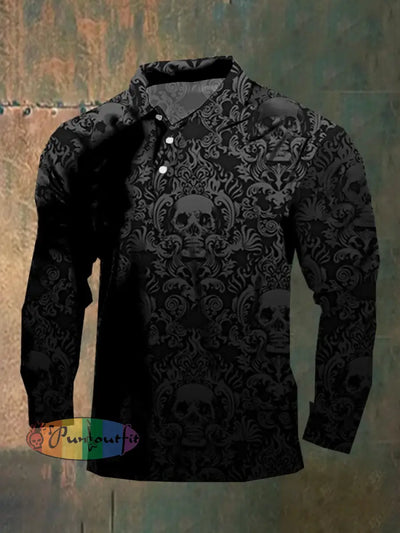 Dark Style Skull Long Sleeve Polo Shirt As Shown / M Polo