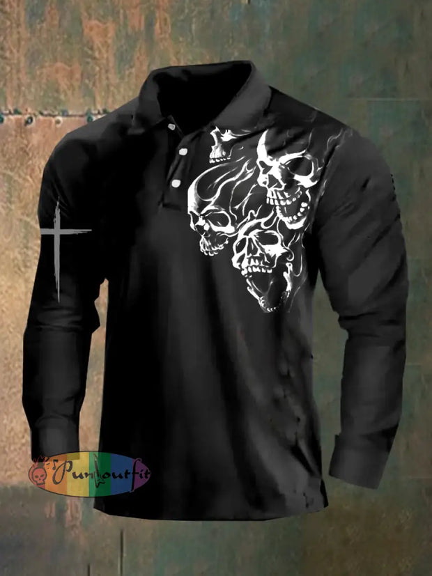 Dark Style Skull Long Sleeve Polo Shirt As Shown / M Polo