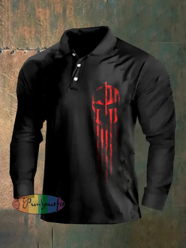 Dark Style Skull Long Sleeve Polo Shirt As Shown / M Polo