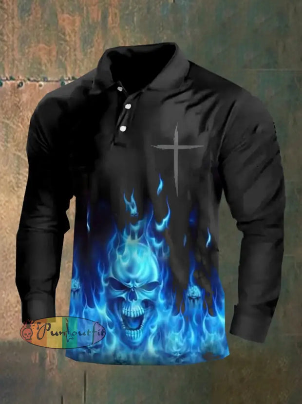 Dark Style Skull Long Sleeve Polo Shirt As Shown / M Polo