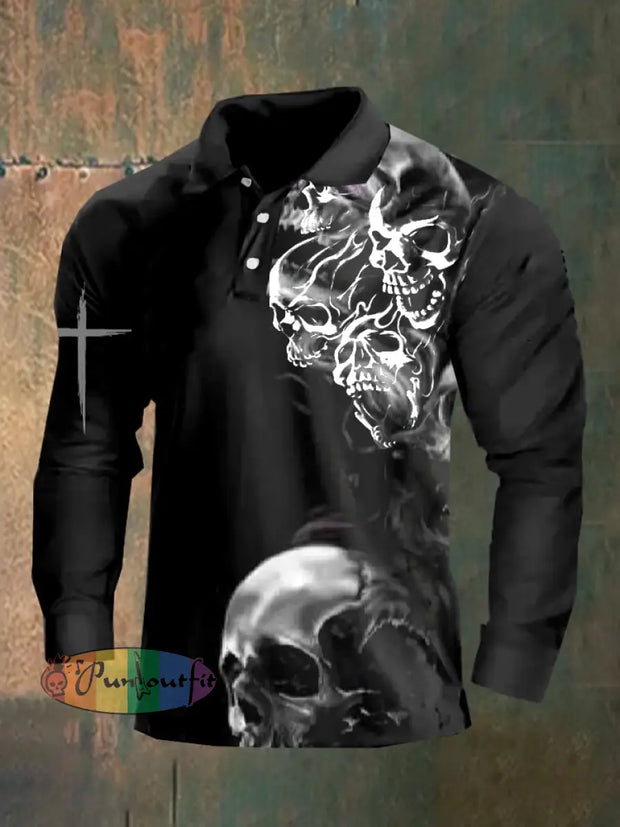 Dark Style Skull Long Sleeve Polo Shirt As Shown / M Polo