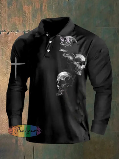 Dark Style Skull Long Sleeve Polo Shirt As Shown / M Polo