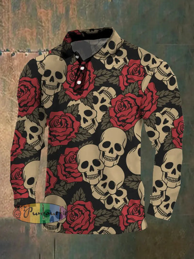 Dark Style Skull Long Sleeve Polo Shirt As Shown / M Polo