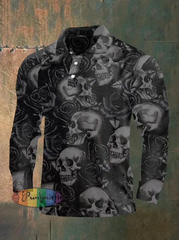 Dark Style Skull Long Sleeve Polo Shirt As Shown / M Polo