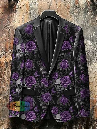 Dark Style Skull Rose Butterfly Print Gothic Jacket Purple / S