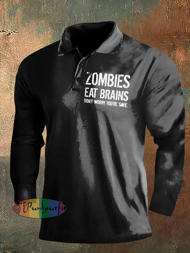 Dark Style Zombies Eat Brains Long Sleeve Polo Shirt Black / S