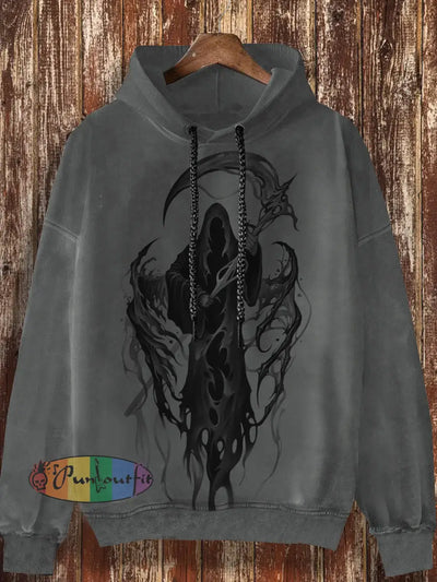 Diablo Abstract Art Print Fashionable Loose Casual Retro Long Sleeved Hooded Sweatshirt Gray / S