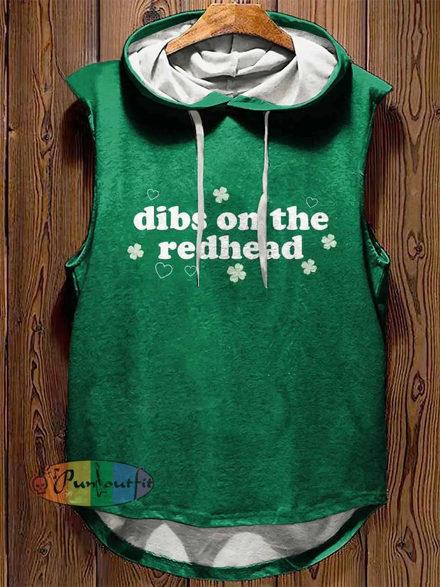 Dibs On The Redhead Print Casual Hooded Tank Top Green / S