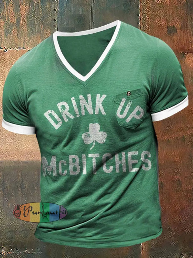 Drink Up Mc Bitches Print Short Sleeve V-Neck T-Shirt Green / S