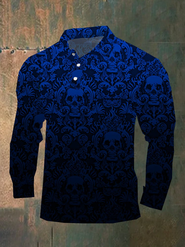 Dark style skull long sleeve polo shirt