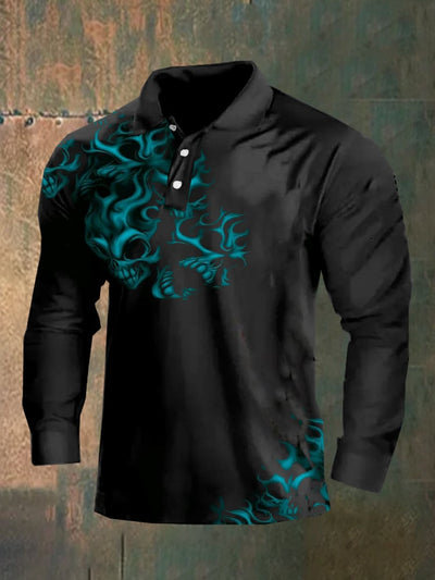 Dark style skull long sleeve polo shirt