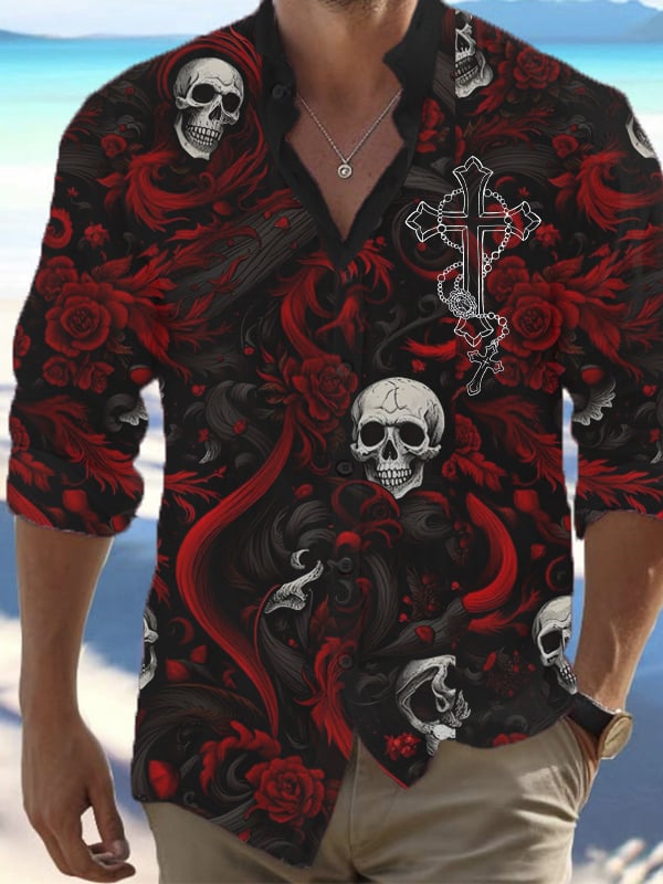 Men's Vintage Dark Skull Print Long Sleeve Shirt