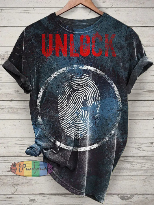 Fingerprint Printed Vintage Fashion Loose Short Sleeve T-Shirt Navy Blue / S