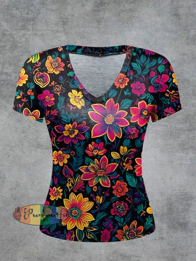 Floral Printed Vintage Fashion Loose V-Neck Short Sleeve T-Shirt Colorful / S