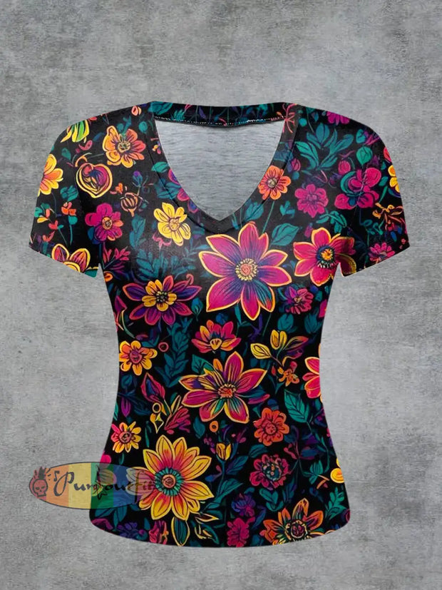 Floral Printed Vintage Fashion Loose V-Neck Short Sleeve T-Shirt Colorful / S