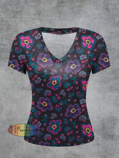Floral Printed Vintage Fashion Loose V-Neck Short Sleeve T-Shirt Purple / S