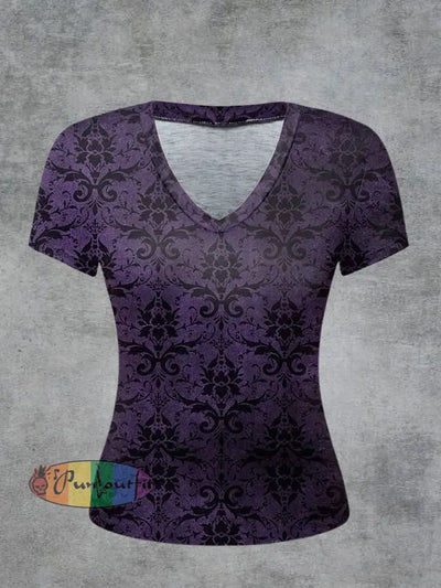 Floral Printed Vintage Fashion Loose V-Neck Short Sleeve T-Shirt Purple / S