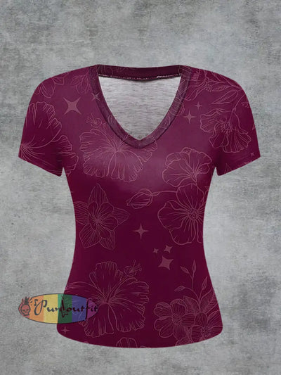 Floral Printed Vintage Fashion Loose V-Neck Short Sleeve T-Shirt Rose Red / S