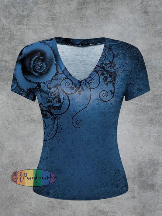 Flower Printed Vintage Fashion Loose V-Neck Short Sleeve T-Shirt Blue / S