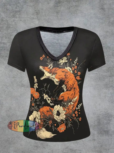 Fox Printed Vintage Fashion Loose V-Neck Short Sleeve T-Shirt Black / S