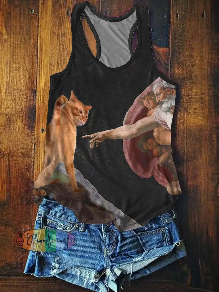 Funny Cat Art Print Casual Tank Top Black / S NEW IN
