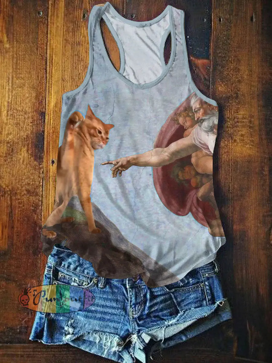 Funny Cat Art Print Casual Tank Top Blue / S NEW IN