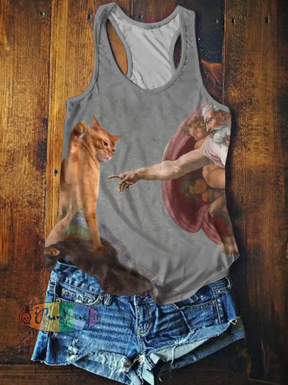 Funny Cat Art Print Casual Tank Top Grey / S NEW IN