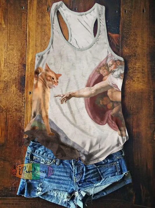 Funny Cat Art Print Casual Tank Top Khaki / S NEW IN