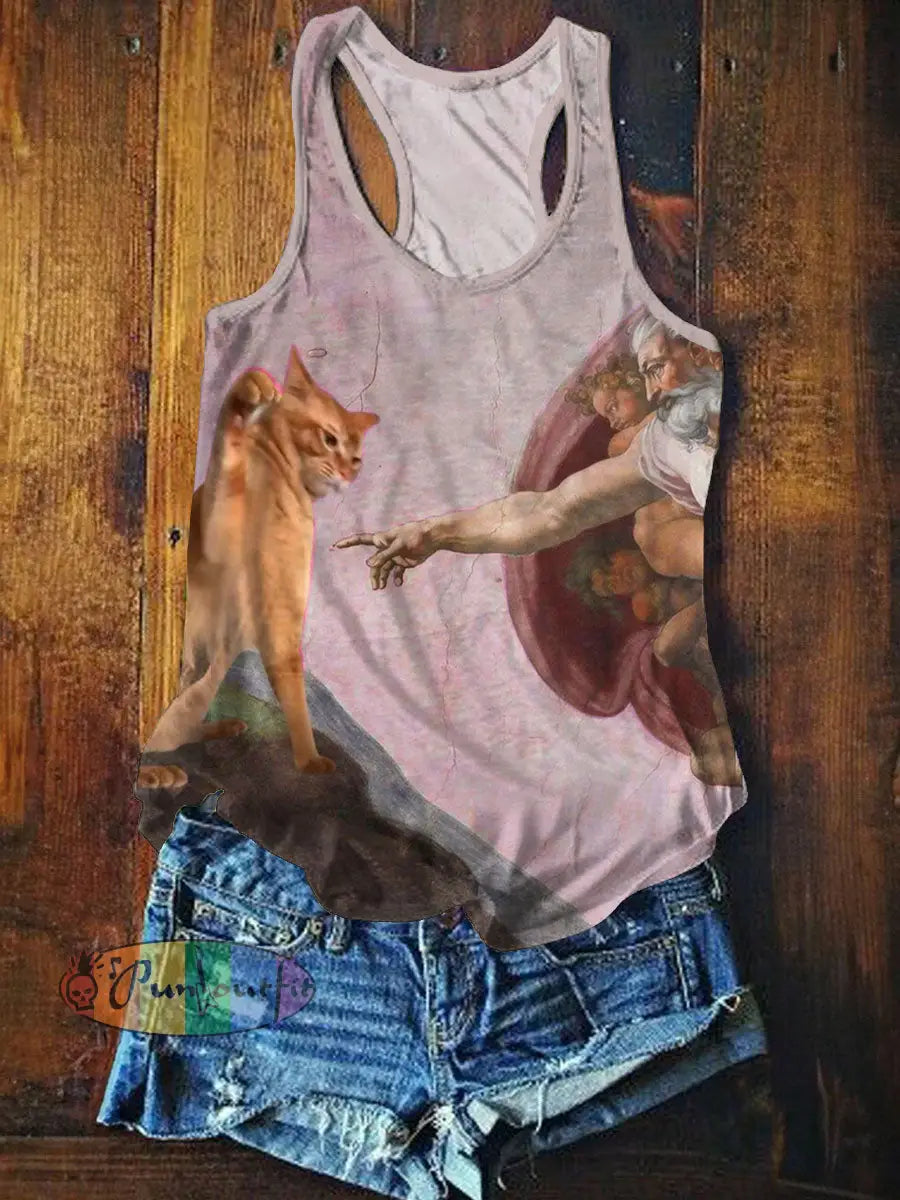 Funny Cat Art Print Casual Tank Top Pink / S NEW IN