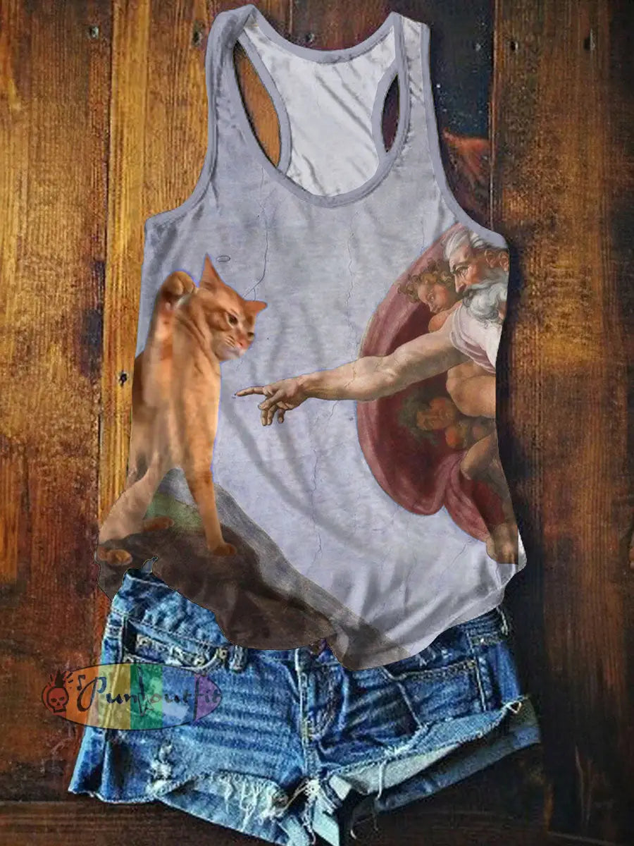 Funny Cat Art Print Casual Tank Top Purple / S NEW IN