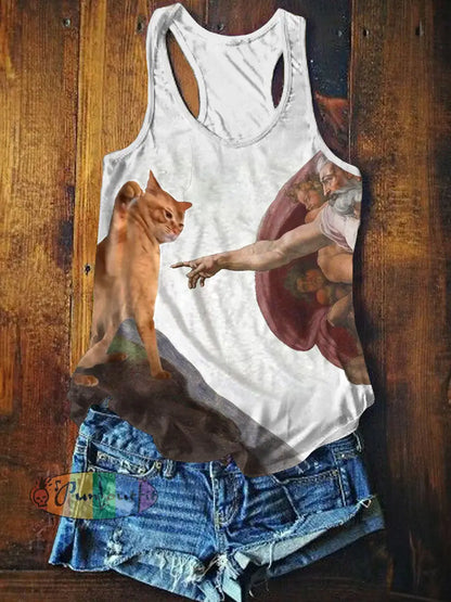 Funny Cat Art Print Casual Tank Top White / S NEW IN