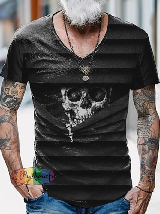 Funny Skull Printed Vintage Fashion Loose V-Neck Short Sleeve T-Shirt Black / S