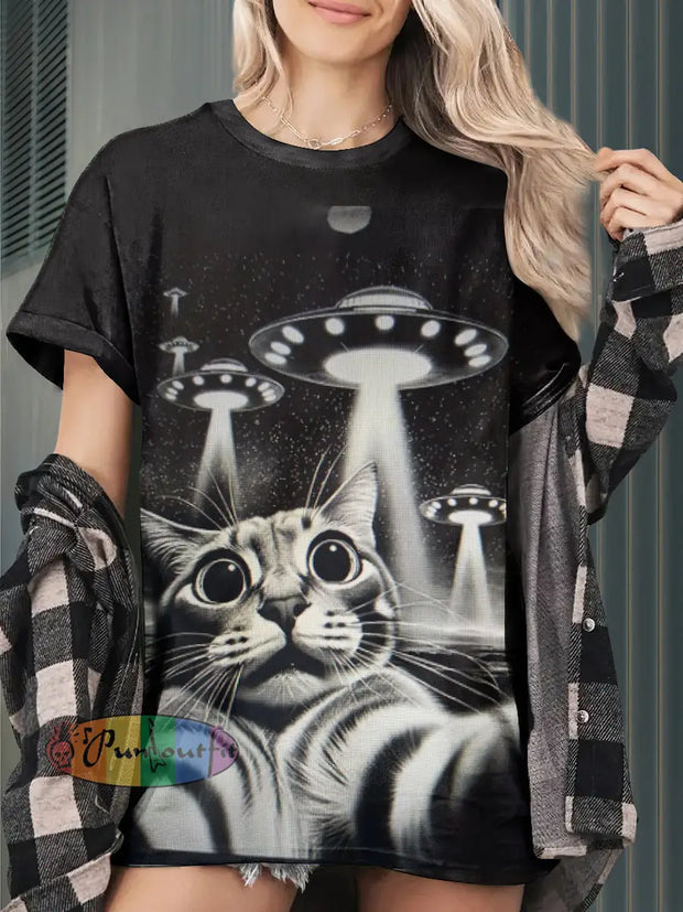 Funny Style Kitten And UFO Funny Print Casual Short Sleeves T-Shirt Black / S