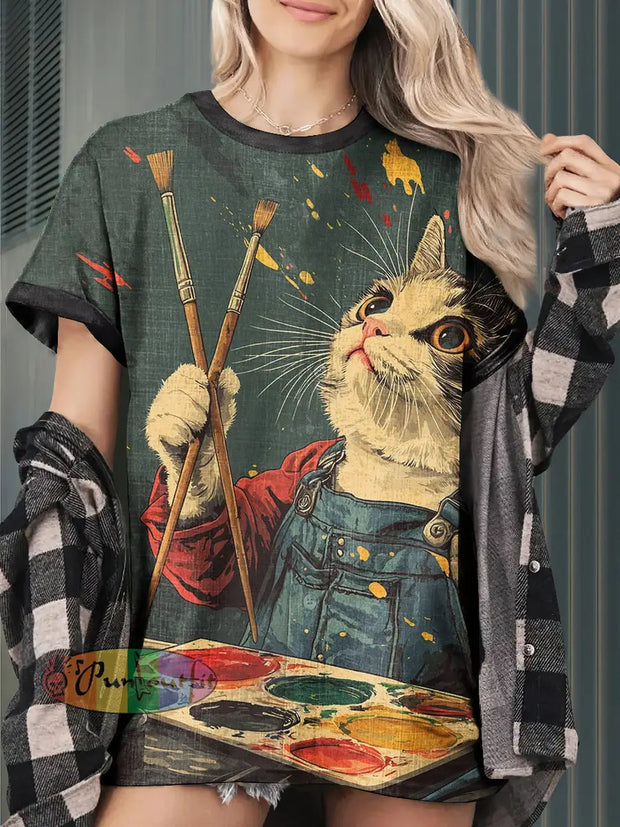 Funny Style Painter Cat Funny Print Casual Short Sleeves T-Shirt Colorful / S