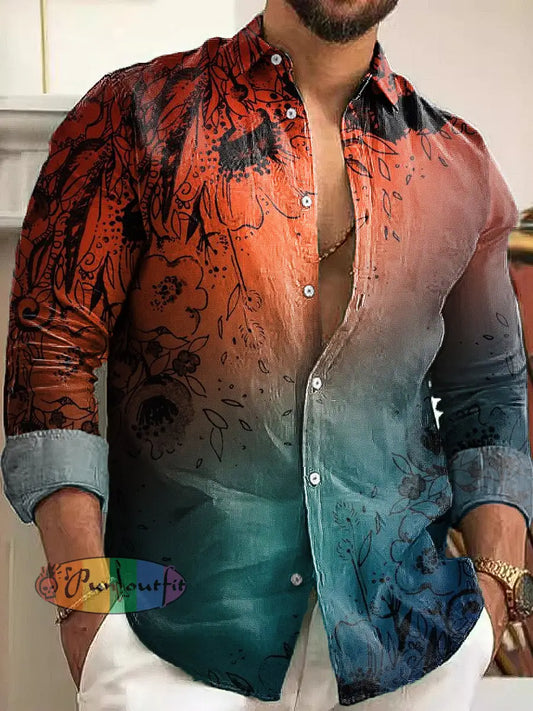 Gentleman Vintage Color Gradient Floral Art Print Long Sleeve Shirt Colorful / S
