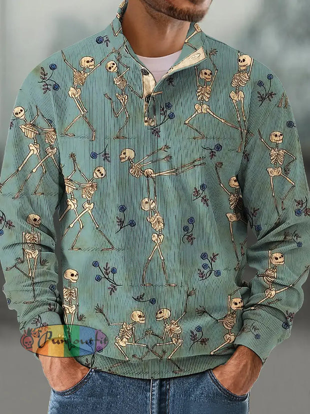 Gentleman Vintage Fun Skull Pattern Corduroy Sweatshirt Colorful / S