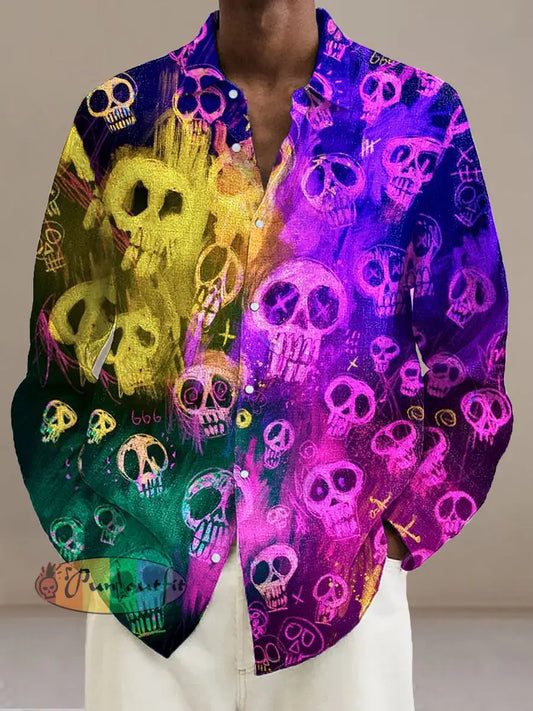 Gentleman Vintage Halloween Skull Art Print Long Sleeve Shirt Colorful / S