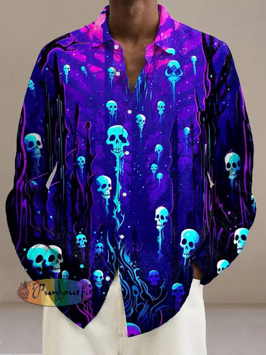 Gentleman Vintage Halloween Skull Ghost Art Print Long Sleeve Shirt Colorful / S