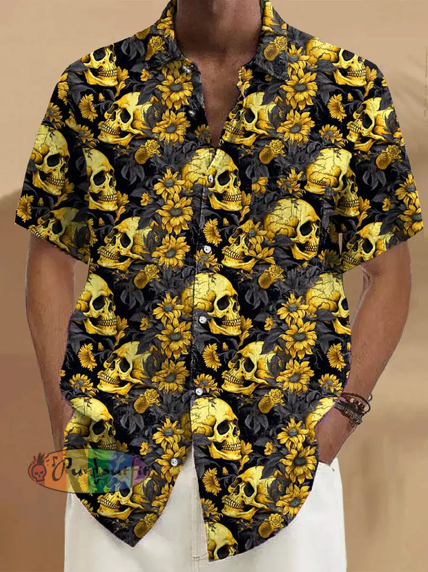 Gentleman Vintage Halloween Skull Sunflower Art Print Pocket Shirt Colorful / S